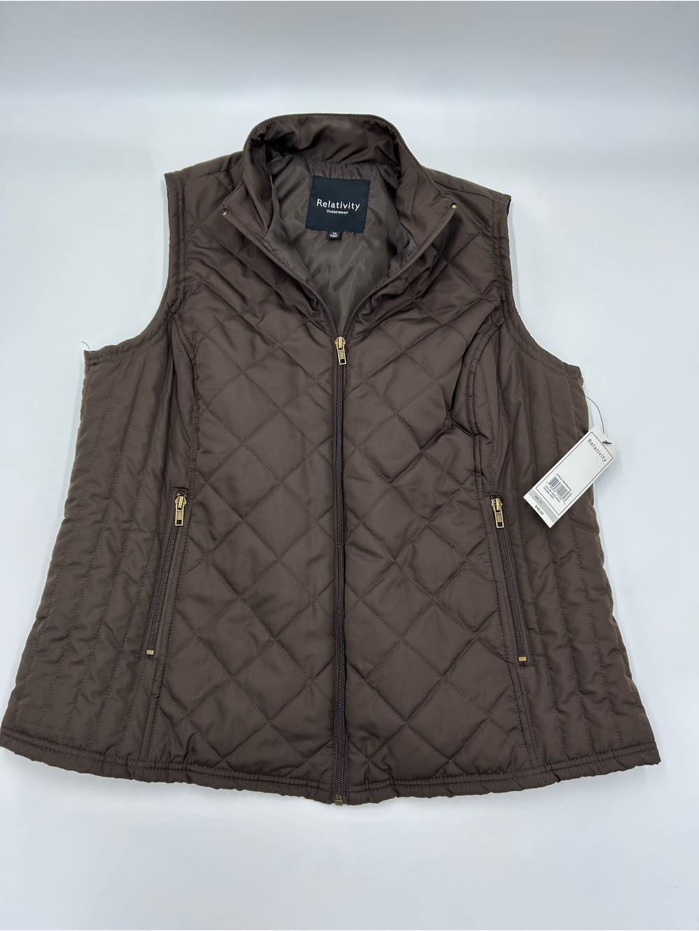 Relativity Quilted Brown Puffer Vest with Gold Zippers 1X NWT
